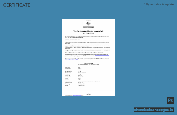 Online-Verifizierung der Visumberechtigung für Australien (VEVO-Zertifikat) – 1 Beispielvorschau